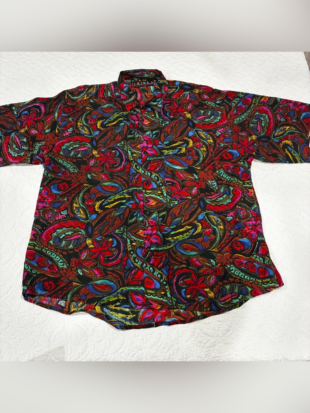 Vintage 90s Tribes Abstract Floral Paisley Rayon Camp Shirt Men XL Statement Top